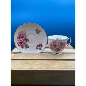 Vintage Colclough Bone China Teacup and Saucer Set-Pink Cabbage Rose Pattern8178